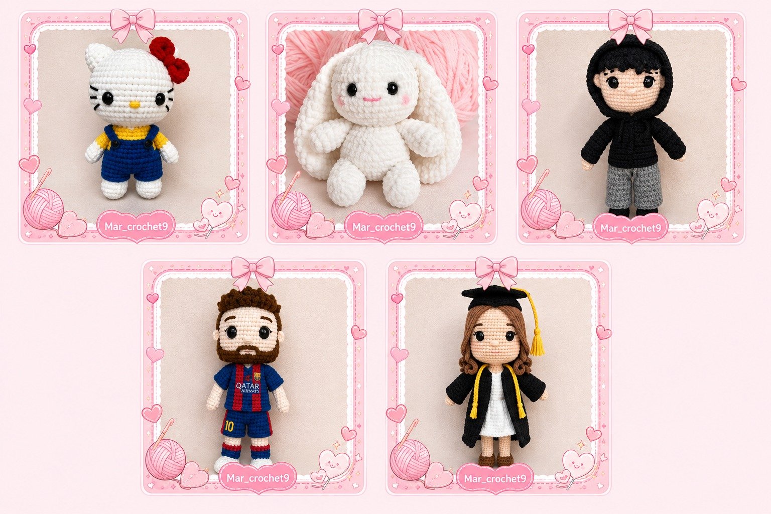 Cute pink framed collage of recent crochet plushies